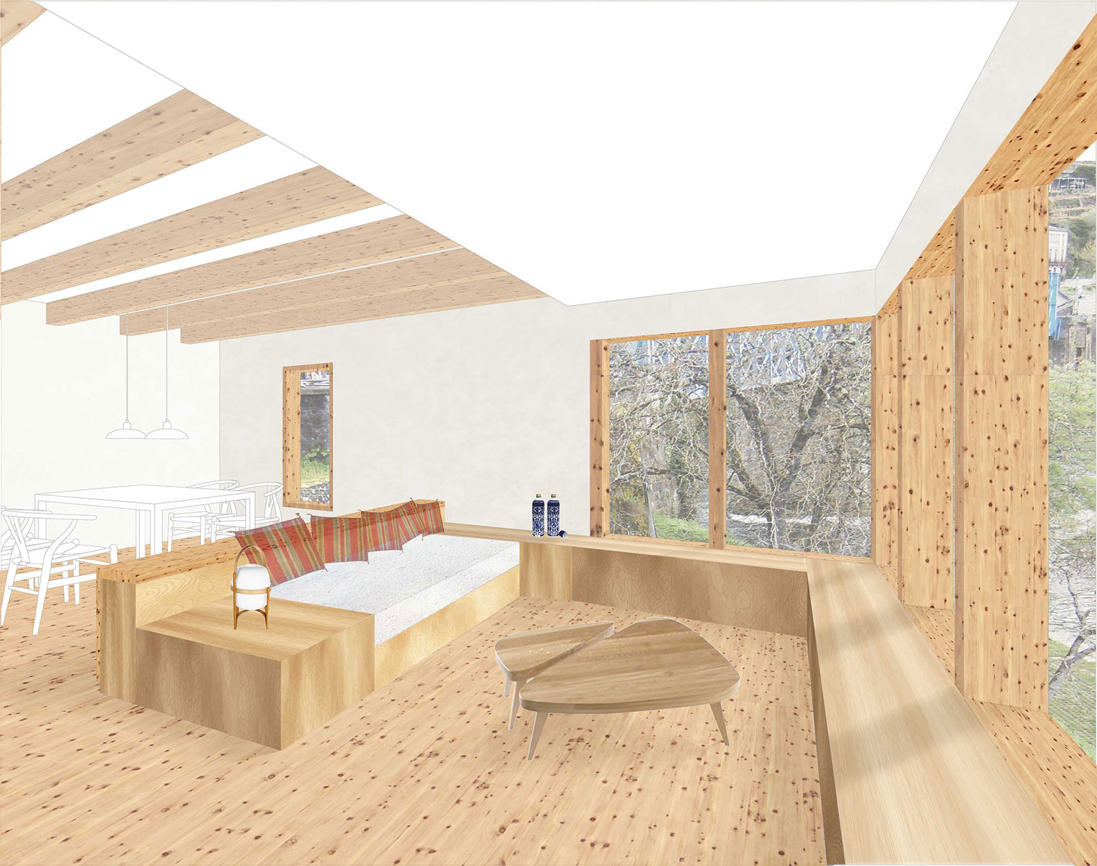 recreación de cómo quedaría un salón reformado, suelos y ventanas de madera, se ve también un sofá, una mesa de pequeña y otra de comedor con sillas